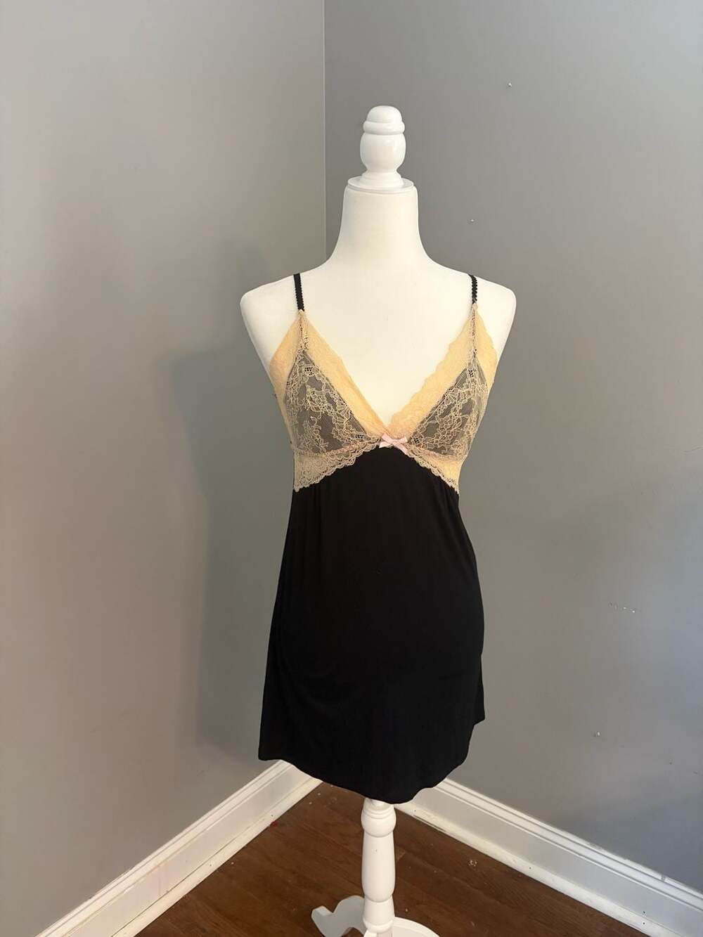 Flora by Flora Nikrooz Black Slip Nightgown with Beige Lace Detail